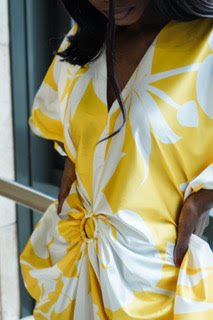 Lux Yellow Tropical Flower Keyhole Midi Caftan