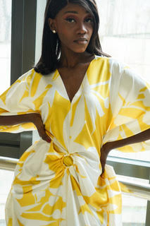 Lux Yellow Tropical Flower Keyhole Midi Caftan