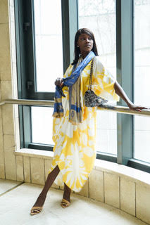 Lux Yellow Tropical Flower Keyhole Midi Caftan