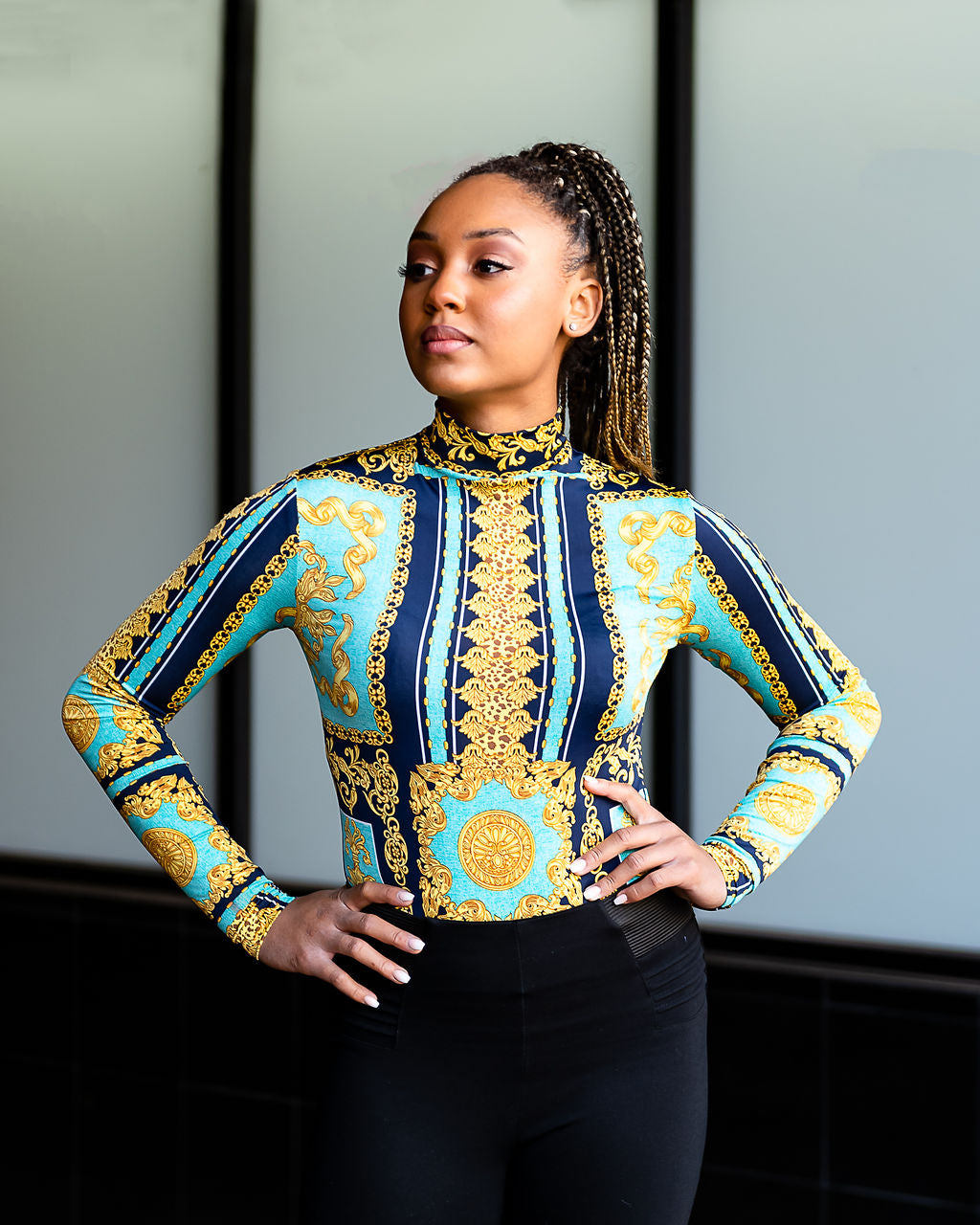 Blue Baroque Print Bodysuit