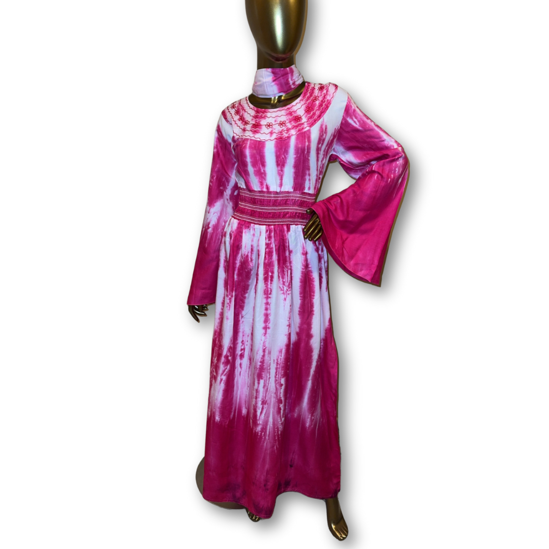 Round Neck Shirred Waist Tie Dye Dress