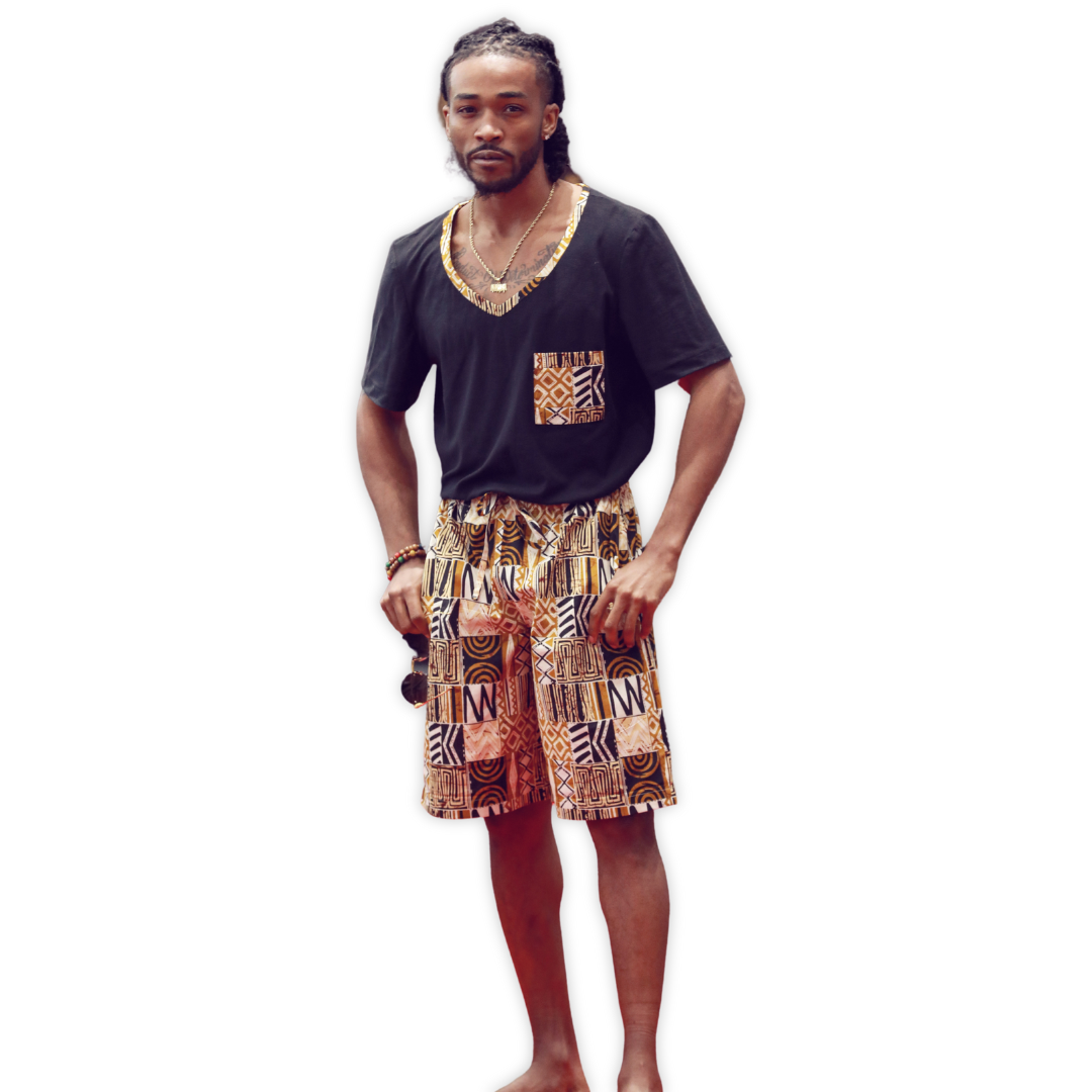 Mudcloth Tribal African Print Cotton V Neck Patch Pocket and Short Set